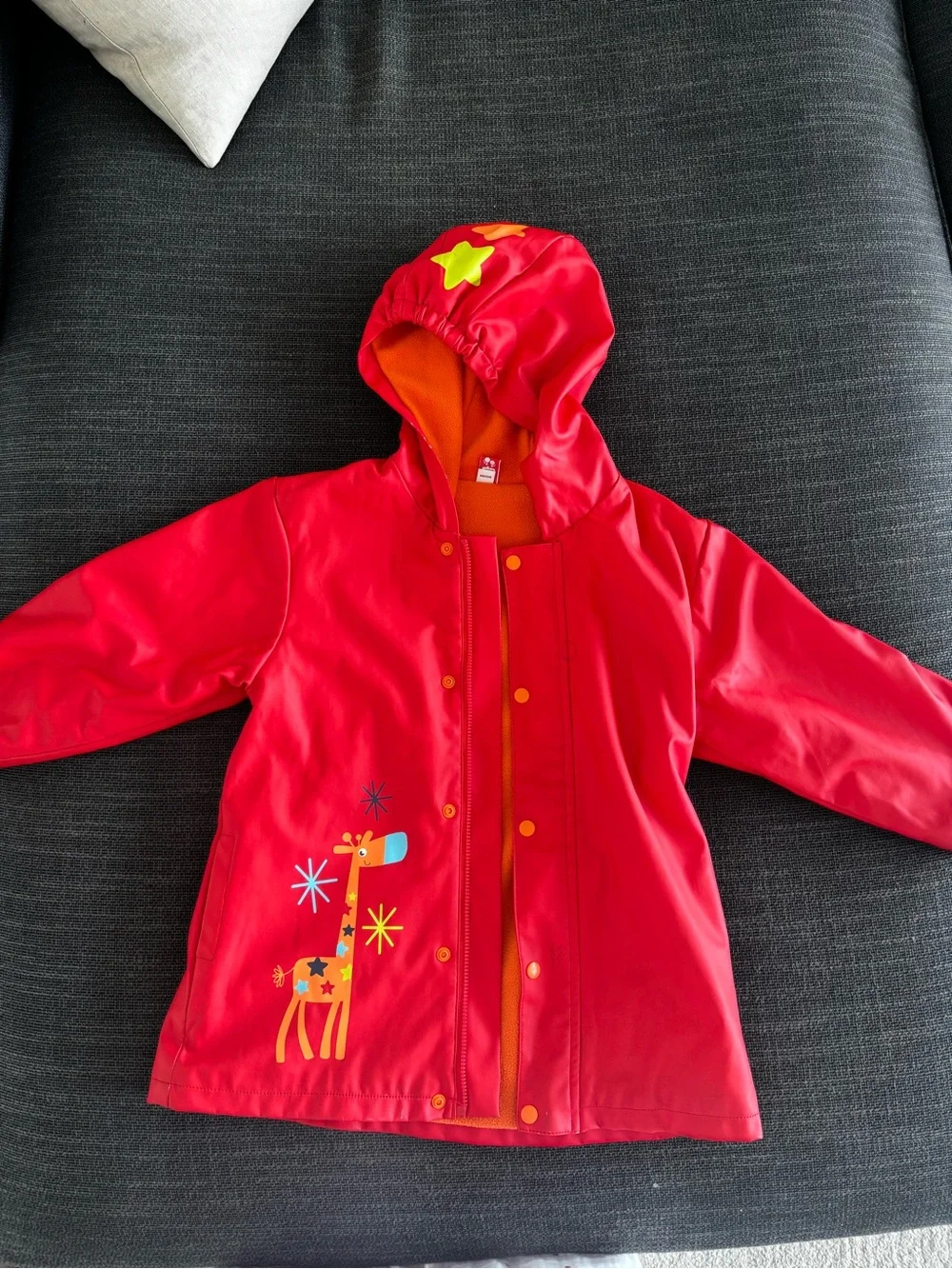 Kids Red Hooded Rain Jacket with Giraffe Detail